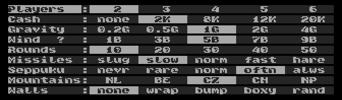 Game options screen.