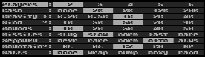 Game options screen.
