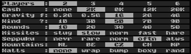 Game options screen.